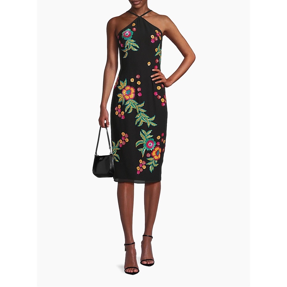 Liv Foster‎ Floral Sequin Halter Midi-Dress Black 4